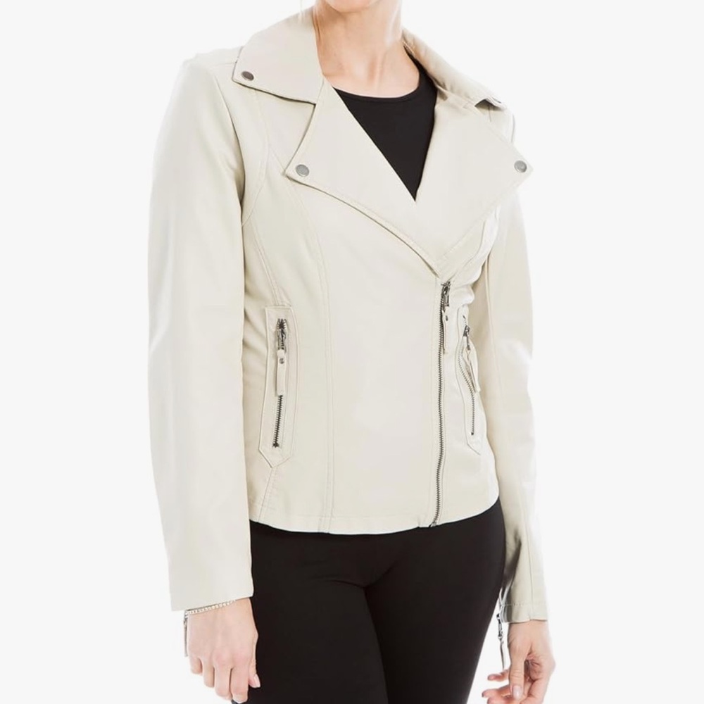 Max Studio NWT Womens Faux Leather Motorcycle Zip-Up Moto Jacket in Parchment
